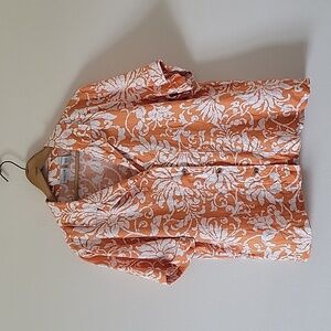 Chico's Orange Linen Hawaiian Tropical Boxy Cut Short Sleeve Button Down Size XL
